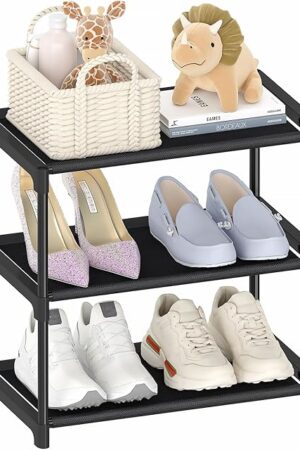 3 Tier Small Shoe Rack, Narrow Stackable Kids Toddler Adult Shoe Storage Organizer Shelf for Closet Floor Front Door Entrance Entryway, Free Standing Shoe Rack Organization Shelves