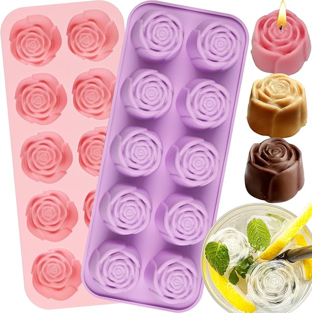 10 Cavity Rose Silicone Mold for Chocolate, Candles, Soap Making, Ice Cube, Heat & Cold Resistant (-40°F to 446°F), 2 Pack Baking Molds with Easy Release & Cleaning