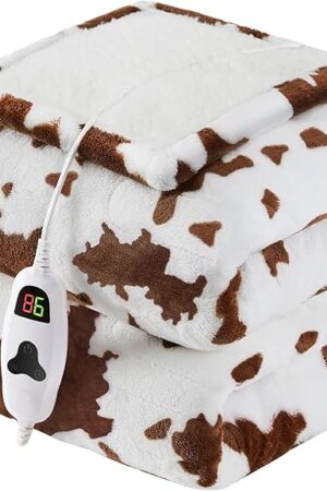 Cow Print Heated Electric Blanket Throw,50X60 Brown Heating Blanket with 10 Heats Levels & 8 Hours Auto Off,Highland Cow Decor Stuff Fleece Sherpa Blankets Warmer Gifts for Women Adults Washable,ETL
