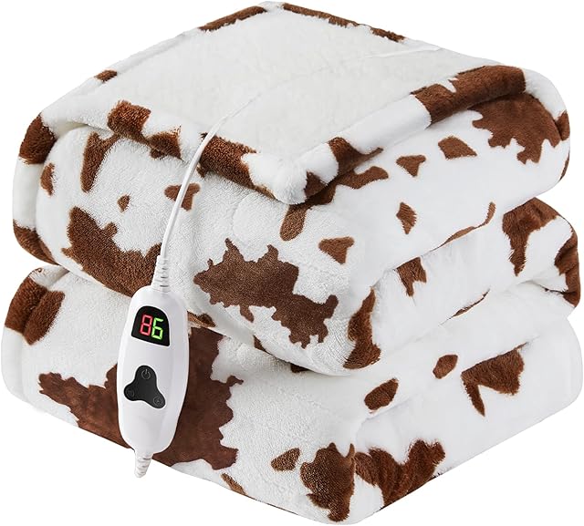 Cow Print Heated Electric Blanket Throw,50X60 Brown Heating Blanket with 10 Heats Levels & 8 Hours Auto Off,Highland Cow Decor Stuff Fleece Sherpa Blankets Warmer Gifts for Women Adults Washable,ETL