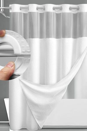 YellyHommy No Hook Shower Curtain with Snap in Fabric Liner Set Less Time White Waffle Shower Curtain for Bathroom 75" L x 72" W