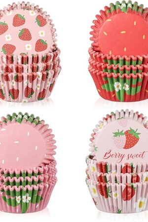 600 Pcs Strawberry Cupcake Liners,Paper Berry Baking Cups Summer Fruit Cupcake Wrappers Baking Standard Holders for Baby Shower Wedding Bridal Showers Birthday Dessert Decoration