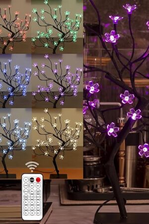 20 Inch Cherry Blossom Bonsai Tree, Full-Color DIY Dimming and Mixing, with 24V UL-Listed Adapter and Metal Base, Ideal as Night Lights, RGB Color Changing Lights