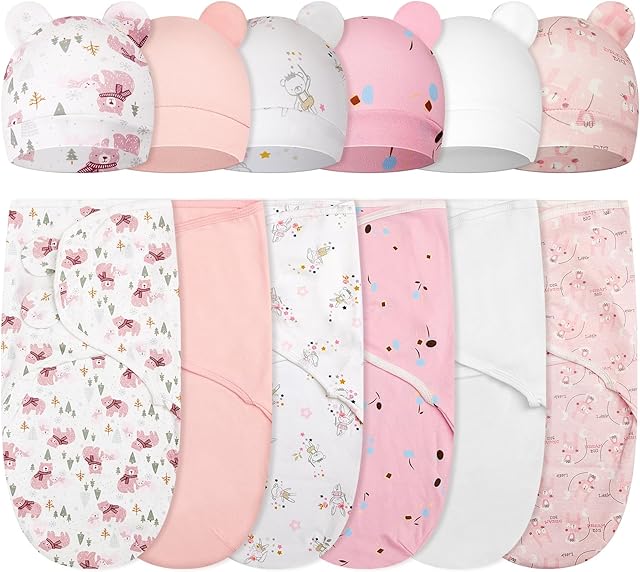 Ramede 6 Pack Baby Swaddle Blanket with Hats Sleep Swaddle for 0-3 Months Newborn Sacks Soft Cotton Wearable for Boy Girl