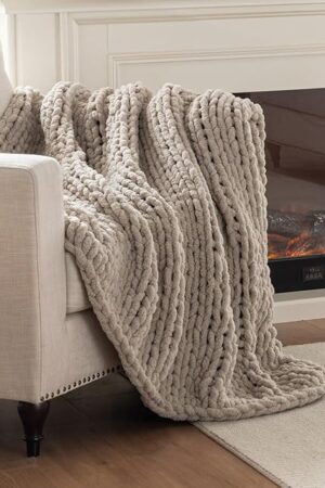 Chunky Knit Blanket Throw Chenille Cable Knit Throw Beige Linen 50x60 Inches