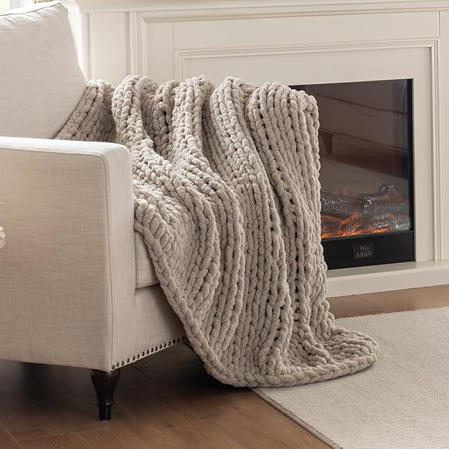 Chunky Knit Blanket Throw Chenille Cable Knit Throw Beige Linen 50x60 Inches