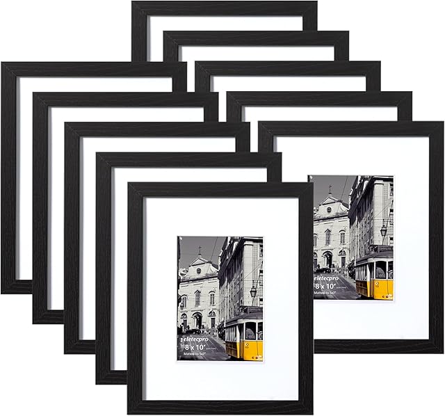 eletecpro 8x10 Picture Frames Set of 10 with Mat for 5x7 Photos or without Mat for 8x10, Horizontal and Vertical Gallery Wall Decor Display for Tabletop or Wall Mount, Black
