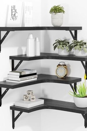 Corner Floating Shelves Wall Mounted Set of 4, Rustic Wood Storage Display Wall Shelves for Home Decor, Bathroom, Kitchen, Bedroom, Living Room, Office (Black)