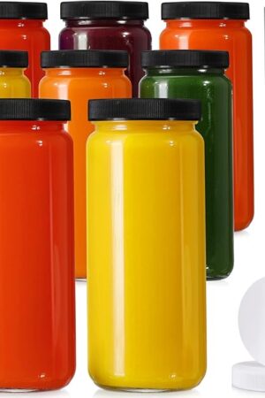 8 Pack Glass Juicing Bottles 16 OZ with 2 Straws & 2 Lids w Hole | Travel Drinking Jars | Black Airtight Lids | For Juice & Smoothie | Reusable Tall Mason Jar