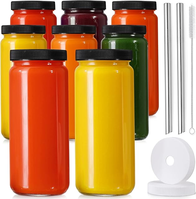 8 Pack Glass Juicing Bottles 16 OZ with 2 Straws & 2 Lids w Hole | Travel Drinking Jars | Black Airtight Lids | For Juice & Smoothie | Reusable Tall Mason Jar