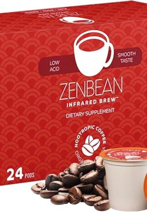 Zenbean Infrared Brew - 24 Low Acid Coffee Pods, Nootropic Coffee Capsules with Rhodiola Rosea, K-Cup Compatible with Capsule Machines, Balanced Flavor, Helps Improve Focus & Alertness