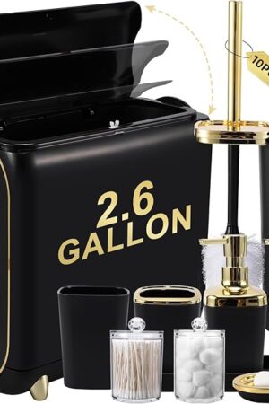 Bathroom Accessories Set, 10 Pieces Black and Gold Bathroom Set, Bathroom Accessory Set with Slim Trash Can,Soap Dispenser,Toilet Brush,Toothbrush Set, Qtip Holders for Housewarming