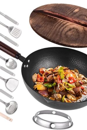 12.8" Carbon Steel Wok-11Pcs Woks & Stir Fry Pans Wok Pan with Lid, No Chemical Coated Chinese Woks with 10 Cookware Accessories, Flat Bottom Wok for Electric, Induction,Gas Stoves