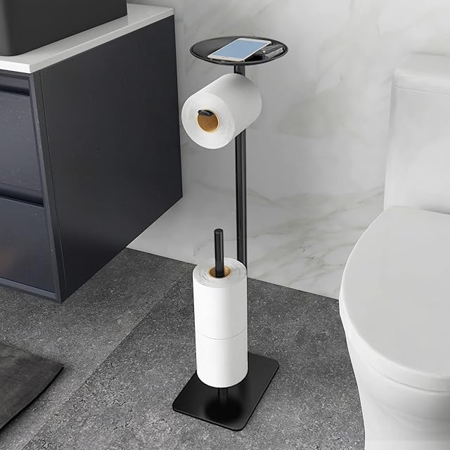 Toilet Paper Holder Stand for Bathroom Floor Standing Toilet Roll Dispenser Storages 4 Reserve Rolls, with Top Storage Shelf for Cell Phones, Wipe, Wallet and More(Black)