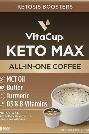 VitaCup Keto Max Dark Roast Coffee Pods, Ketosis & Energy, Butter, MCT Oil, Turmeric, B Vitamins, D3, All-In-One Keto Recyclable Single Serve Pod Compatible w/Keurig K-Cup Brewers,18 Ct
