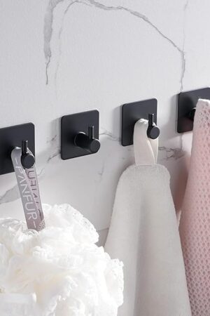 4 Pack Adhesive Hooks, Black Towel Hook for Bathrooms, Heavy Duty Stainless Steel Wall Hook, Waterproof Stick on Hook, Hooks for Hanging Robe, Key, Coat, Clothes