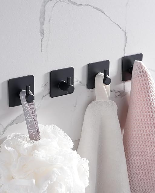 4 Pack Adhesive Hooks, Black Towel Hook for Bathrooms, Heavy Duty Stainless Steel Wall Hook, Waterproof Stick on Hook, Hooks for Hanging Robe, Key, Coat, Clothes