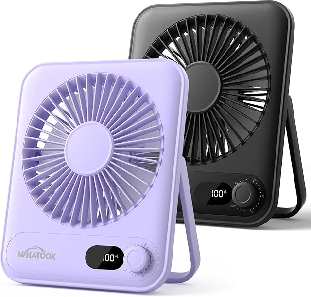Small Desk Portable Fan Rechargeable: 2 Pack 2000mah 10 Hours Battery Office Quiet Mini Desktop Fan Portable Rechargeable Travel Essentials(Black and Purple)