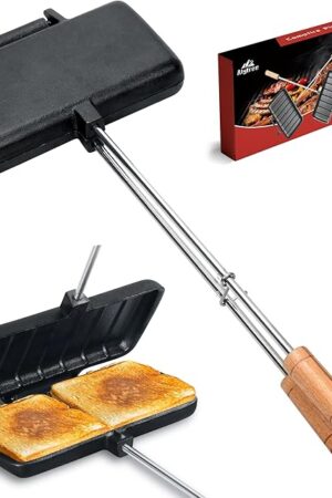 Double Pie Iron for Camping Cast Iron, Pre-seasoned Cast Iron Campfire Sandwich Maker, Mountain Pie Maker, Portable Campfire Cooking Equipment Camp Cooker