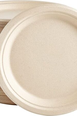 Vplus 150 Pack Paper Plates 9 inch 100% Compostable, Heavy-Duty Disposable Paper Plates Bagasse Natural Biodegradable Eco-Friendly Sugarcane