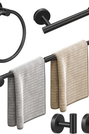 Bathroom Hardware Set, 24in Retractable Hand Towel Bar with Toilet Paper Holders, Towel Ring, 2pcs Multifunctional Robe Hooks (5pcs, Matte Black, Single Towel Bar)