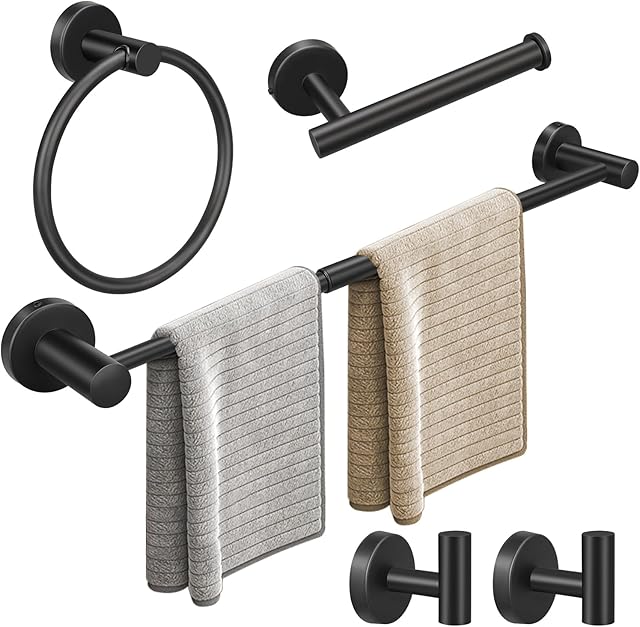 Bathroom Hardware Set, 24in Retractable Hand Towel Bar with Toilet Paper Holders, Towel Ring, 2pcs Multifunctional Robe Hooks (5pcs, Matte Black, Single Towel Bar)