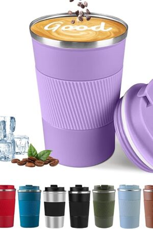 YINBAOGE 12 OZ Insulated Travel Coffee Mug, Stainless Steel, Purple | Spill Proof | For Hot and Cold Drinks | Leak Proof | Reusable Coffee Cup with Lid | Portable | For Camping and To Go Use