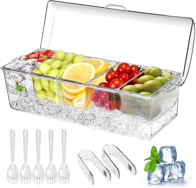Large Ice Chilled Condiment Caddy,Chilled Condiment Containers Server with Lids for 5 Removable Compartments (2.5 cup),Serving Platters, Fruit & Garnish Tray for Party Supplies & Bar Accessories