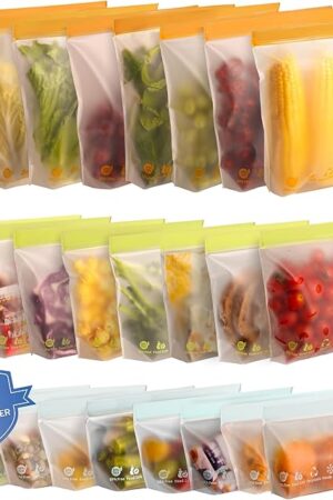 24 Pack Reusable Food Storage Bags,Leakproof Freezer Bags BPA Free Stand Up Sandwich Bags for Lunch Salad Fruit Travel,Dishwasher Safe(8 Gallon,8 Sandwich,8 Snack)
