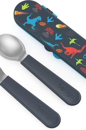 Bentgo Kids Stainless Steel Utensil Set - Reusable Fork, Spoon & Storage Case - High-Grade BPA-Free Stainless Steel, Easy-Grip Handles, Dishwasher Safe for School Lunch, Travel & Outdoors (Dinosaur)