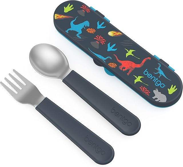 Bentgo Kids Stainless Steel Utensil Set - Reusable Fork, Spoon & Storage Case - High-Grade BPA-Free Stainless Steel, Easy-Grip Handles, Dishwasher Safe for School Lunch, Travel & Outdoors (Dinosaur)