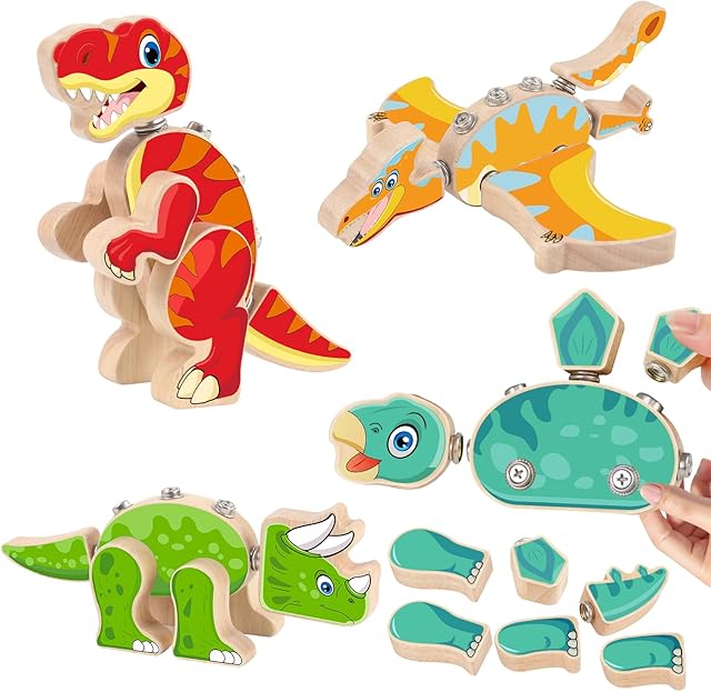 The Dinosaur Building Blocks Wooden Dinosaur Toys for Kids 3-5 Years Old Boys and Girls Toddlers Fine Motor Skills Montessori Puzzles Take Apart Building Toys Ages 4-8 Children Educational Birthday Gift