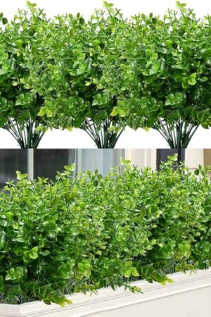 8 Bundles Outdoor Artificial Boxwood UV Resistant Fake Stems Plants, Faux Plastic Greenery for Indoor Outside Hanging Plants Garden Porch Window Box Home Wedding Farmhouse Décor