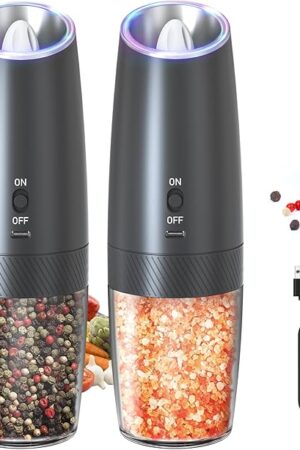 CIRCLE JOY Rechargeable Electric Salt and Pepper Grinder Set Gravity Salt and Pepper Mills Set with LED Light, No Battery Needed, Adjustable Coarseness, Washable 135ml Container, Black