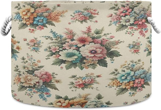 Cotton Rope Basket Vintage Floral Baby Laundry Basket for Blankets Toys Storage Basket