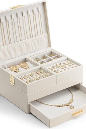 Vlando 3 Layer Jewelry Box - Women Jewelry Box with Retractable Tray - Jewelry Organizers with Drawer for Necklaces, Rings, Bracelets, Earrings, Gift for Couples Mom Girls - Could White