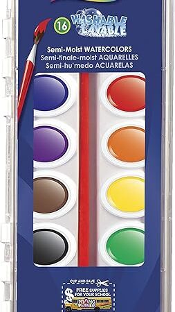The Prang Washable Semi-Moist 16 Classic Colors with 1 brush with shaped pans provide 41% more paint
