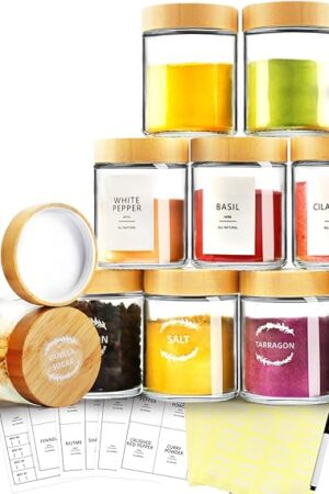 AISIPRIN Spice Jars with Label,12 Pcs 8oz Glass Jars with Bamboo Lids,Spice Organizer for Cabinet,Drawer, Rack, Seasoning Organizer Containers,Including 2 Type Labels