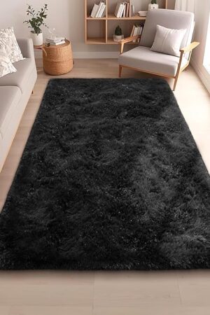 Black Rugs for Bedroom 4x5.9 ft - Ultra Soft Faux Fur Area Rug - Plush Non-Slip Shaggy Carpet for Living Room, Cozy Fluffy Rug for Kids Boys Girls Dorm Nursery Room, High Pile Floor Carpet