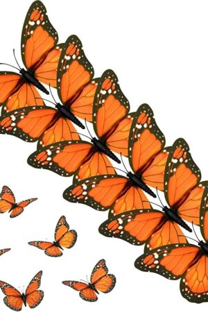 AQUEENLY Monarch Butterfly Decorations, 4.72'' Orange Premium Artificial Monarch Butterfly to Decorate for Craft, Home, Wall, Wedding, Party (12 Pcs)