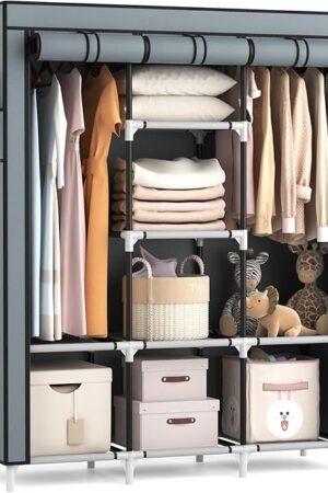 VTRIN Portable Closet Wardrobe for Hanging Clothes with 2 Hanging Rods and 8 Storage Organizer Shelves,Sturdy Large Wardrobe Closet for Bedroom Free Standing Clothes Rack with Cover,Grey