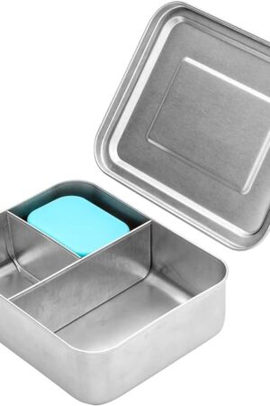 WeeSprout 18/8 Stainless Steel Bento Box (Compact Lunch Box) - 3 Compartment Metal Lunch Containers, for Kids & Adults, Bonus Dip Container, Fits in Lunch Bag & Backpack