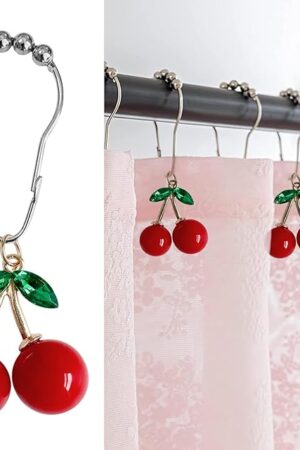 Cherry Bathroom Decor Curtain Hooks Rings for Bathroom Shower Rod (12pcs) - Rust Proof Metal Stainless Steel Curtain Ring Red Cherry Pendant Decoration