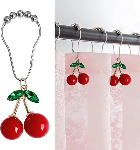 Cherry Bathroom Decor Curtain Hooks Rings for Bathroom Shower Rod (12pcs) - Rust Proof Metal Stainless Steel Curtain Ring Red Cherry Pendant Decoration