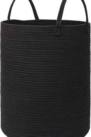 Black Woven Laundry Basket, 15"x18" Tall Basket for Blankets, Wicker Hamper for Bedroom Aesthetic, Decorative Storage Hamper for Clothes, Towel, Rope Storage Bin for Living Room, Bathroom