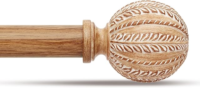 Wood Curtain Rod for Windows 48 to 84 Inch, 1'' Diameter Adjustable Heavy Duty Rustic Farmhouse Drapery Rods with Boho Imitation Wooden Grain Decorative Finials, Size: 30''-88'' – Light Wood