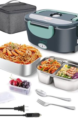 Buddew Electric Lunch Box 80W Food Heater with Dual Container, Portable Lunch Warmer for Adults, Upgraded Heated Lunch Box for Car/Truck/Office with SS Fork&Spoon and Insulated Carry Bag (Green)