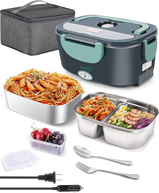 Buddew Electric Lunch Box 80W Food Heater with Dual Container, Portable Lunch Warmer for Adults, Upgraded Heated Lunch Box for Car/Truck/Office with SS Fork&Spoon and Insulated Carry Bag (Green)