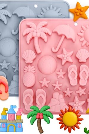 2Pcs Summer Beach Chocolate Silicone Molds, Coconut Tree Pineapple Starfish Shells Candy Chocolate Molds DIY Cupcake Toppers Cake Decorating for Tropical Summer Party