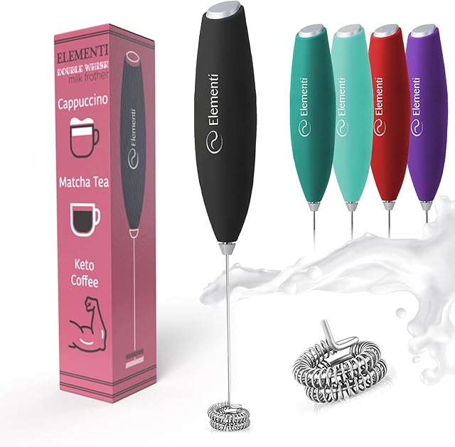 Elementi Milk Frother Wand - Easy to Use Handheld Electric Stirrer for Powder Drinks, Durable & Powerful Coffee Whisk & Protein Powder Mixer Wand, Hand Frother, Coffee Stirrers Electric Mini (Black)